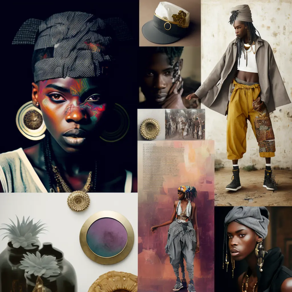 fashion moodboard for bohemian fashion line, in the style of hip hop 